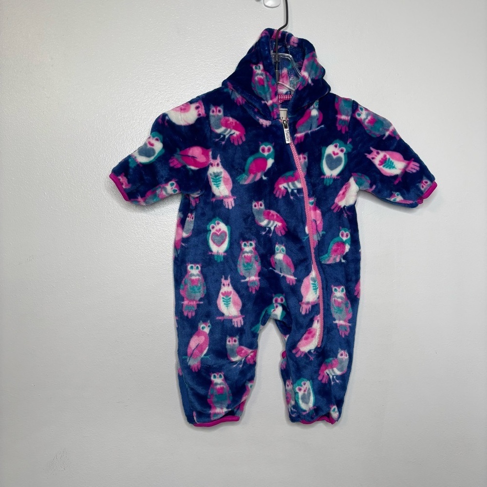 Hatley Owl Print Plush Fleece Bunting Suit 3–6M Blue Pink